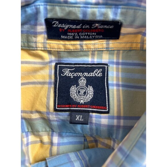 Faconnable Mens XL Yellow & Blue Plaid Button-Up Shirt 100% Cotton Long Sleeve - Picture 3 of 7